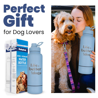 Dog Water Bottle for Dog Lovers - 32 oz Stainless Steel Double Wall Insulated Water Bottle with 8 oz Detachable Bowl - Doggy Lover Gift for Hiking, Walking, Travel - “Life is Better” - Dusty Blue