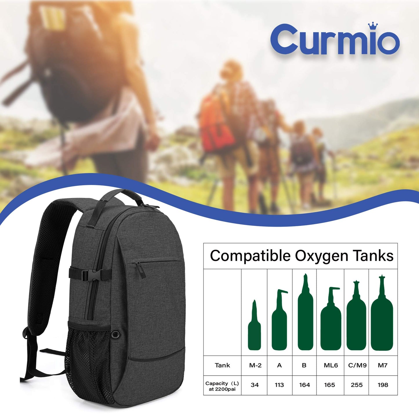 CURMIO Oxygen Tank Backpack, Portable Oxygen Cylinder Carrying Bag for Travel, Fits for Tank Size M2, M4/A, ML6, M6/B, M7, M9/C, Patent Design, Black