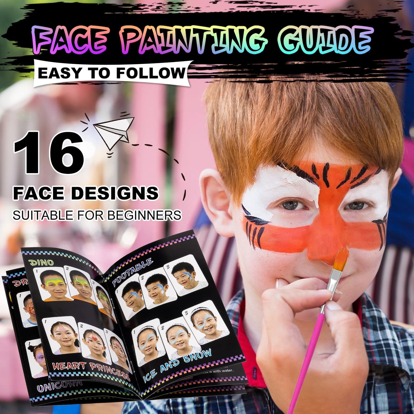 Fenmay Face Painting Kit for Kids, 24 Colors Washable Face Paint, Safe for Sensitive Skin, Non-Toxic Professional Face Painting Kit, Halloween Birthdays Makeup Set with Stencils, Guide Book