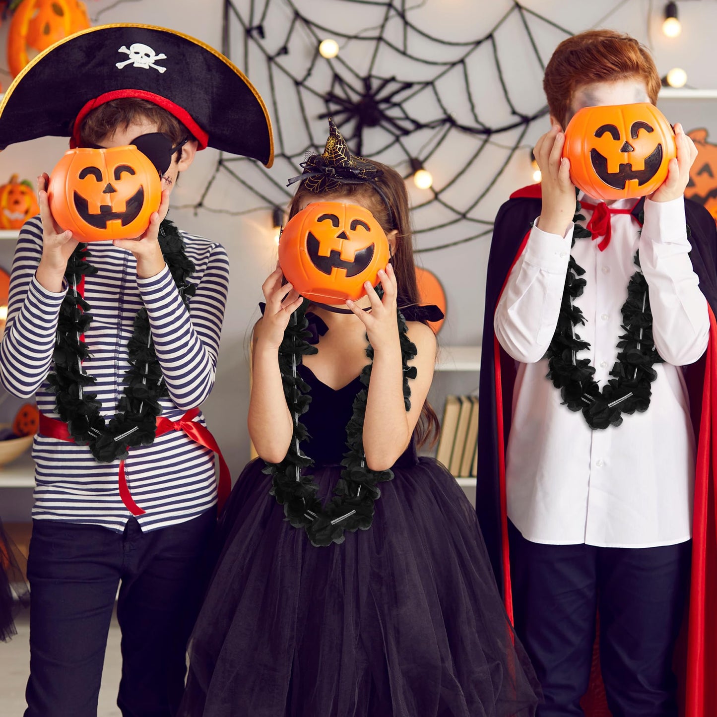 24pcs Halloween Leis Decor, Halloween Black Leis Bulk Accessories Silk Flower Necklace, Black Hawaiian Bulk Hula Dance Party Decor, Flower Leis Trick or Treating Activities Favors Supplies