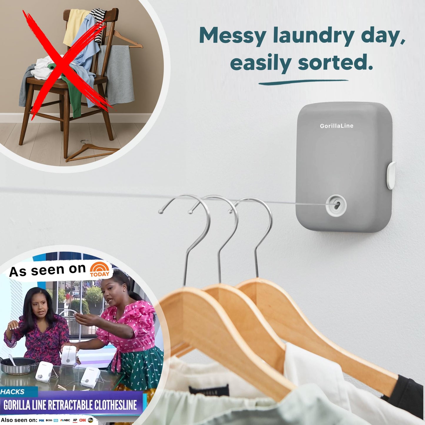 GorillaLine - Retractable Clothesline Indoor Outdoor Clothes Line | Heavy Duty Clothes Drying Laundry Line | Wall Mounted Drying Rack Clothing Line | Retracting Hanging | Lock to Prevent Sagging Gray