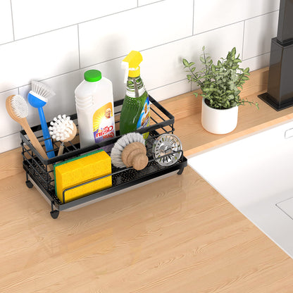 Cisily Large Black Sponge Holder for Kitchen, Sink Caddy Sink Organizer Rack for Kitchen Accessories with Drip Tray, Rustproof and Non-slip, Soap Dispenser Countertop Organizer Essentials for New Home