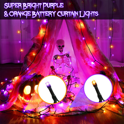 DealBeta Purple Orange Curtain Lights Battery Operated Halloween 300 LED Hanging Curtain Lights with Remote 8 Modes Timer for Wedding Halloween Party Decór (9.8ft×9.8ft)
