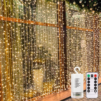 echosari 300 LED Curtain Lights Battery Operated, 9.8ft×9.8ft Hanging Lights with Remote Timer Fairy Curtain Lights for Bedroom Patio Wedding Backdrop Party Decór (Warm White)
