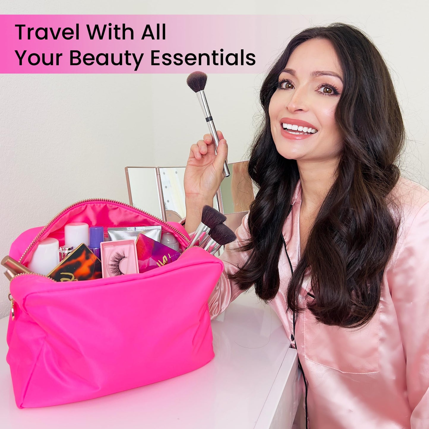 DANCOUR Large Pink Makeup Bag – Nylon Cosmetic Pouch, Travel Makeup Organizer Case, Spacious Makeup Bag for Toiletries, Beauty Essentials & Cosmetics