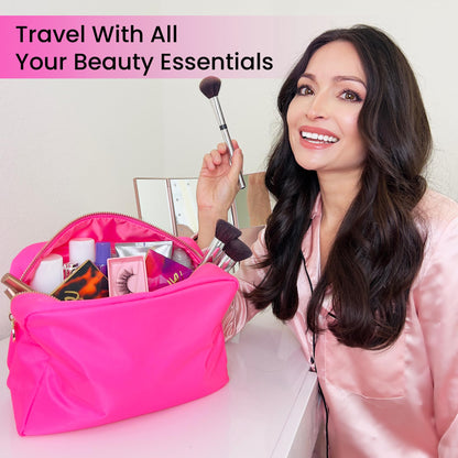 DANCOUR Large Pink Makeup Bag – Nylon Cosmetic Pouch, Travel Makeup Organizer Case, Spacious Makeup Bag for Toiletries, Beauty Essentials & Cosmetics