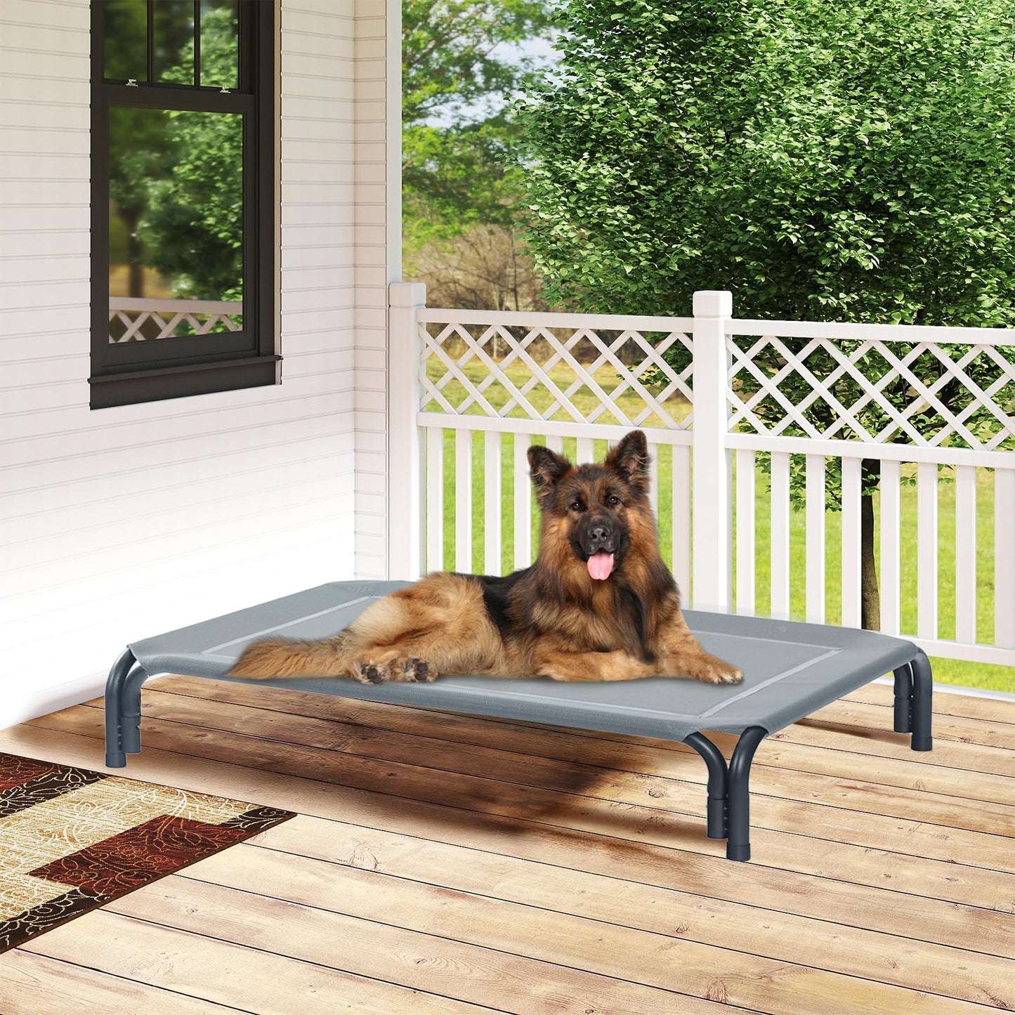 Elevated Dog Bed Raised Outdoor Dog Cot for Medium Dogs, Installation Requires No Tools, Frame with Washable Cooling Breathable Mesh Anti-Slip Feet, Indoor Pet Bed, Grey, 35.4 Inches