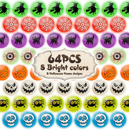 64pcs Glow in The Dark Bouncing Balls,8 Halloween Theme Designs Bouncy Toys Balls, Halloween Party Favors Supplies, Trick or Treating Goodie, Halloween Miniatures,School Classroom Game Rewards