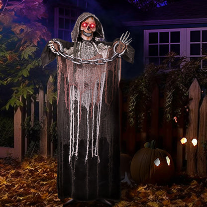 JOYIN 67" Halloween Decorations Outdoor Life Size Animatronics Grim Reaper with Chain, Sound-Actived Party Decor with Creepy Sound, Scary Haunted House Props for Garden Yard Lawn