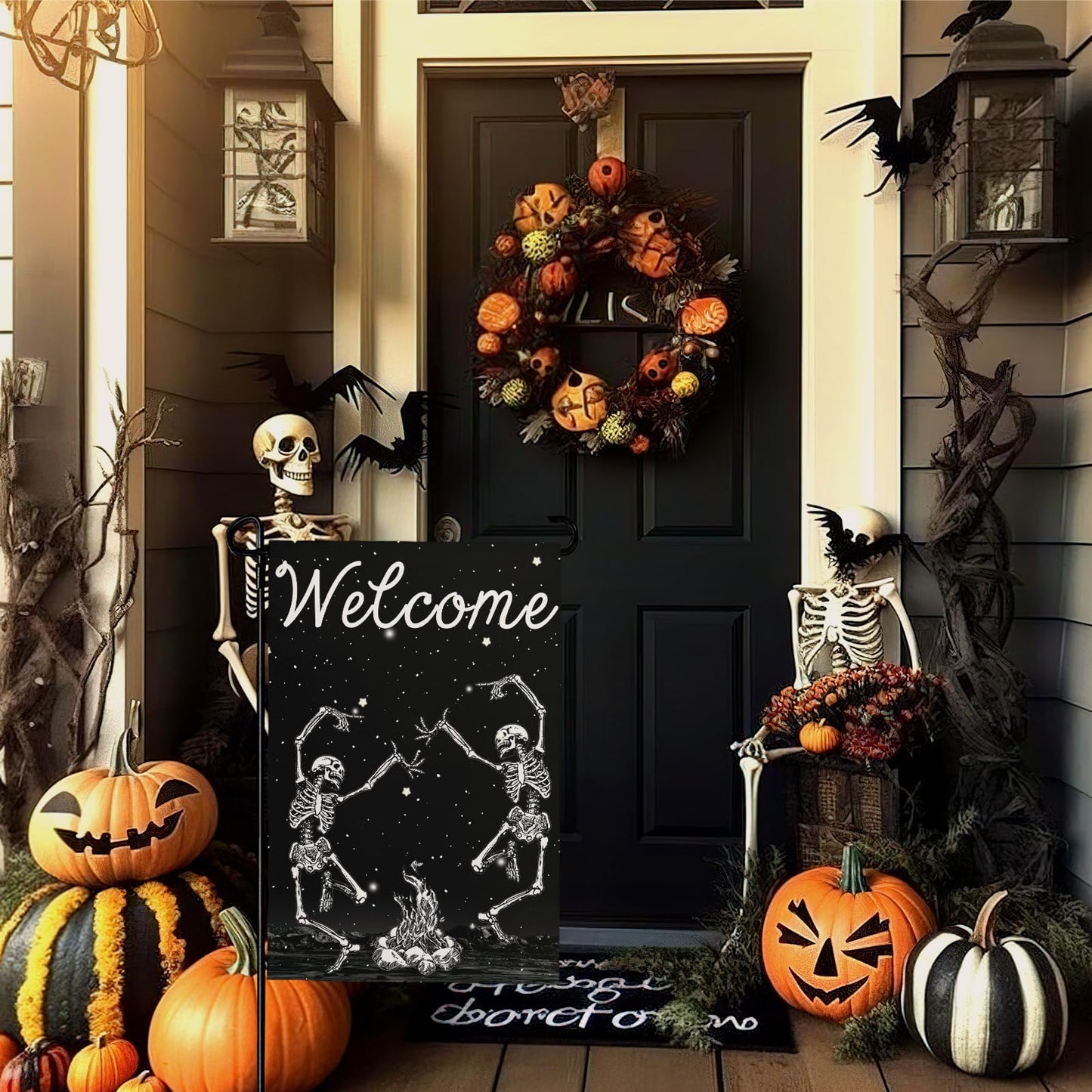 Cryfox Halloween Skull Welcome Garden Flags 12 x 18 Inch Dancing Human Skeletons Garden Flag for Outside Black Yard Flags Double Sided for Lawn Outdoor Decorations