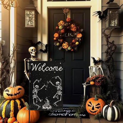 Cryfox Halloween Skull Welcome Garden Flags 12 x 18 Inch Dancing Human Skeletons Garden Flag for Outside Black Yard Flags Double Sided for Lawn Outdoor Decorations