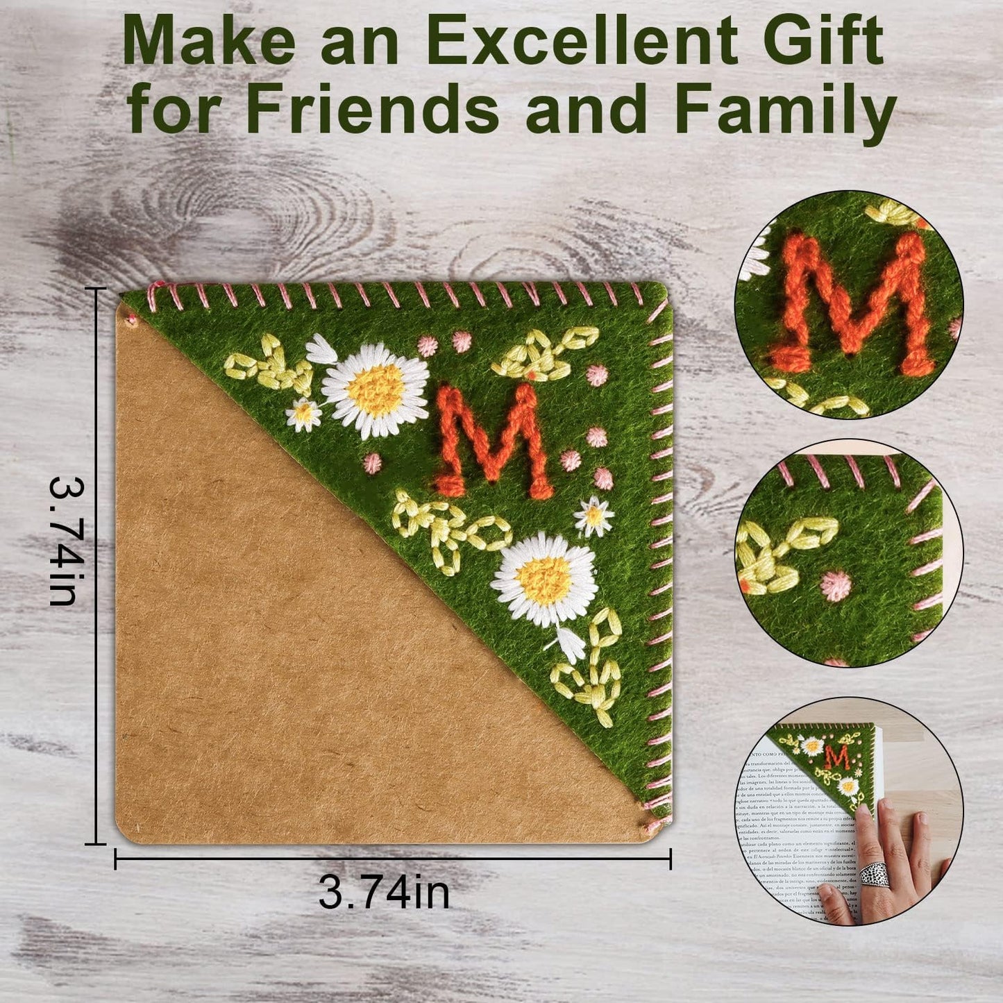 MOTEERLLU Personalized Hand Embroidered Corner Bookmark,Felt Triangle Page Stitched Handmade Bookmark,Unique Cute Flower Letter Embroidery Bookmarks Accessories for Book Lovers