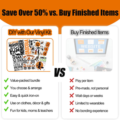 DIY Halloween Shirts for Women Kids Trick or Treat Bags Iron-on Heat Transfer Vinyls Set for Halloween Basket Pajamas Pillow Covers Blanket Tablecloth Runner Personalized Gifts Home Decorations