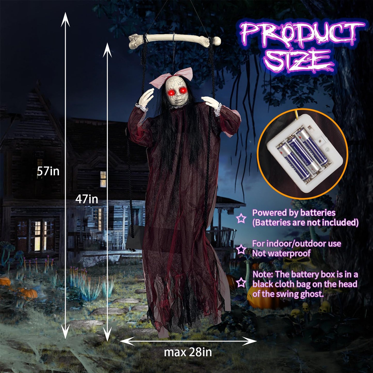 KEUCL Halloween Decorations, Hanging Swing Ghost with Voice Activated, Creepy Sound/Light Up Eyes, Halloween Animatronics Spooky Haunted House Holiday Prop for Outdoor Indoor Yard Garden Patio Trees