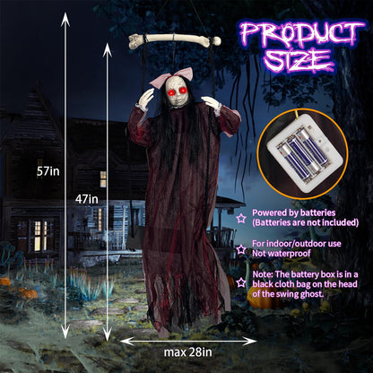 KEUCL Halloween Decorations, Hanging Swing Ghost with Voice Activated, Creepy Sound/Light Up Eyes, Halloween Animatronics Spooky Haunted House Holiday Prop for Outdoor Indoor Yard Garden Patio Trees