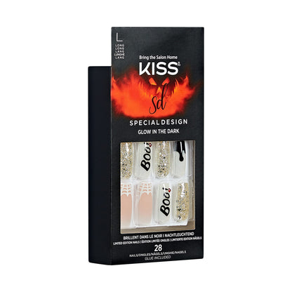 KISS Special Design Halloween Fake Nails, Glow-In-The-Dark, Style ‘Party Till I Die’, with Pink Gel Nail Glue, Mini Nail File, Manicure Stick, & 28 False Nails