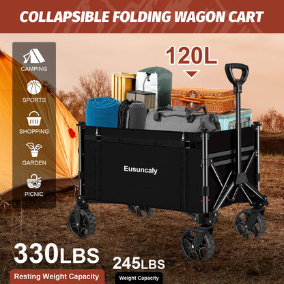 Eusuncaly Collapsible Wagon with Wheels, Wagons Carts Foldable, Heavy Duty Folding Utility Cart for Grocery, Camping, Shopping, Sports, Garden, Fishing, Black