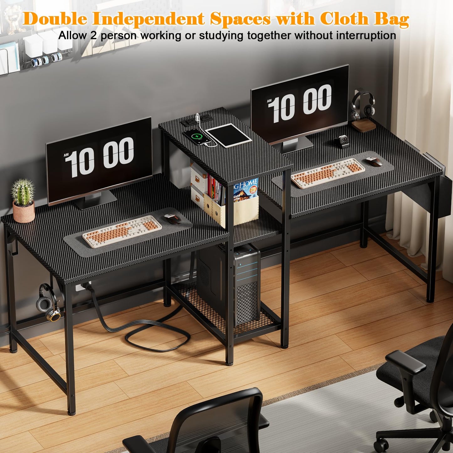 Furologee Double Desk with Power Outlets, 71 Inch Computer Desk with Storage Bag and Headphone Hooks, Gaming Desk Study Writing Table for Home Office, Black