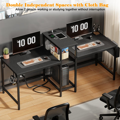 Furologee Double Desk with Power Outlets, 71 Inch Computer Desk with Storage Bag and Headphone Hooks, Gaming Desk Study Writing Table for Home Office, Black