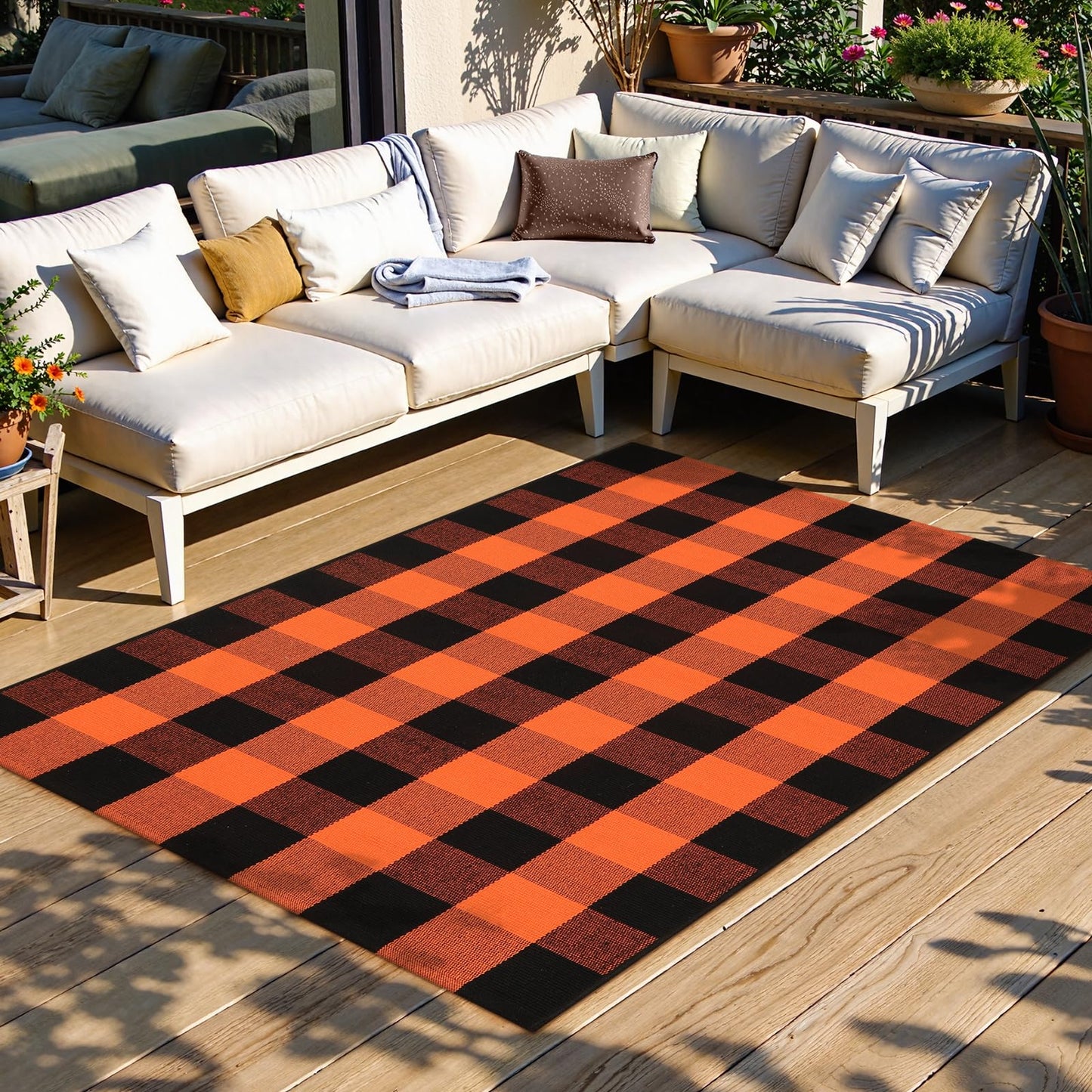 LEEVAN Halloween Buffalo Plaid Outdoor Rug 3x5, Washable Checkered Orange and Black Front Porch Rugs, Thanksgiving Cotton Woven Door Layered Mat for Farmhouse Entryway/Patio/Kitchen
