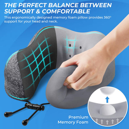 ExploreBliss Travel Pillow, Travel Pillows for Sleeping Airplane, Removable Cover Neck Pillow with Adjustable Clasp, Memory Foam Neck Pillow Set with Eye Mask, Earplugs and Storage Bag (Dark Grey)