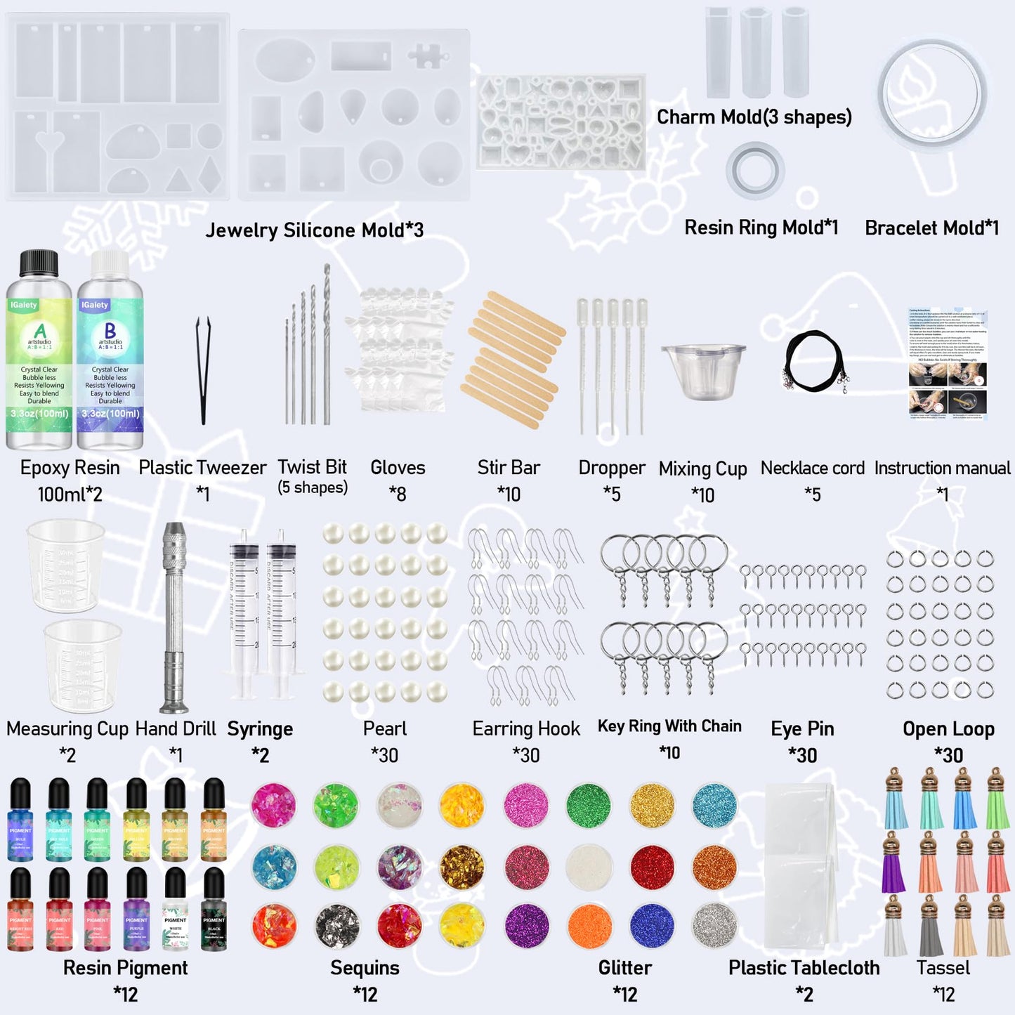 IGaiety Resin Jewelry Making Kit 240 Pcs Silicone Epoxy Resin Mold Keychain Starter Kit Bundle with Epoxy Molds and Pigments Tools for Beginners Adults Jewelry Earring Making