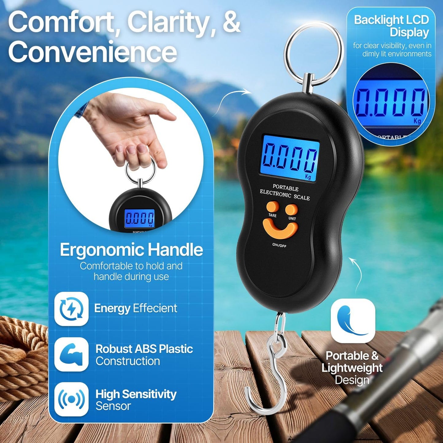 Flexzion Portable Luggage Weight Scale - 110lb/50kg Weight Capacity Luggage Scale Travel Digital with Backlit LCD Display, Handle, & Hook for Bags & Fishing - AAA Batteries Included