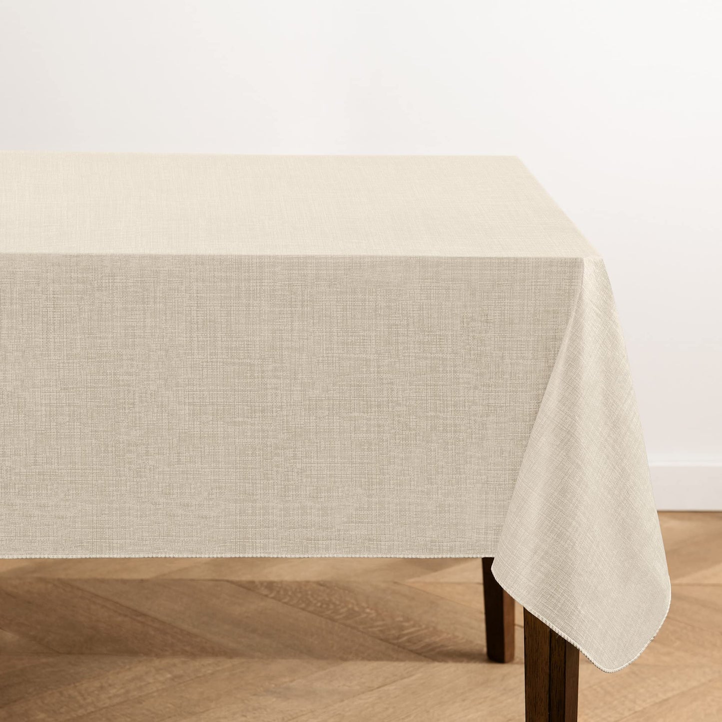 Elrene Home Fashions Monterey Linen-Texture Water- and Stain-Resistant Vinyl Tablecloth with Flannel Backing, 60 inches X 102 inches, Rectangle, Ivory