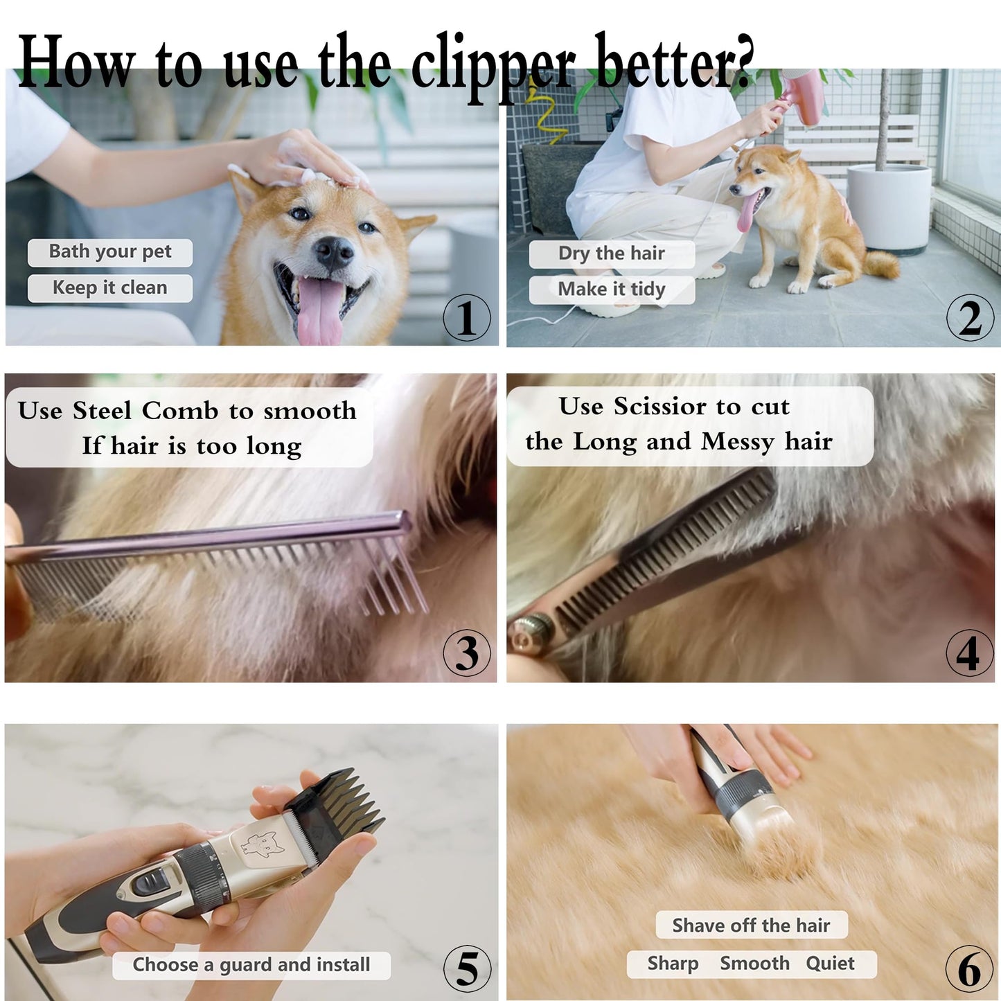 Dog Grooming Kit Clippers, Low Noise, Electric Quiet, Rechargeable, Cordless, Pet Hair Thick Coats Clippers Trimmers Set, Suitable for Dogs, Cats, and Other Pets (Gold)