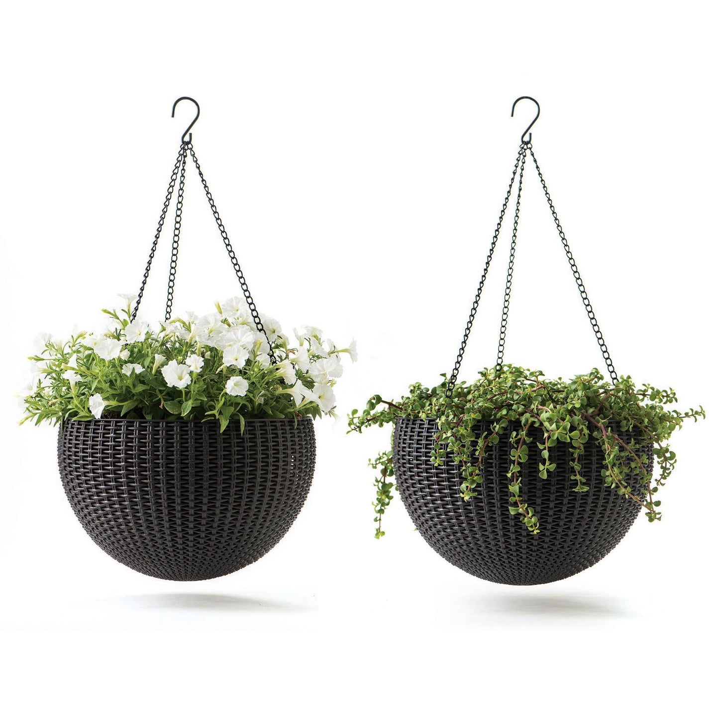 Keter Resin Rattan Set of 2 Round Hanging Planter Baskets for Indoor and Outdoor Plants-Perfect for Porches and Patio Decor, Graphite