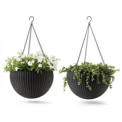 Keter Resin Rattan Set of 2 Round Hanging Planter Baskets for Indoor and Outdoor Plants-Perfect for Porches and Patio Decor, Graphite