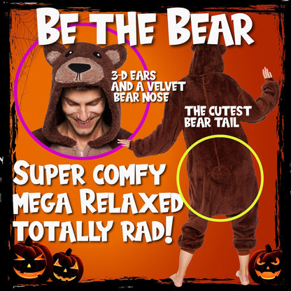 Funziez! Sherpa Bear Adult Onesie - Animal Halloween Costume - Plush Teddy One Piece Cosplay Suit for Adults, Women and Men(Brown, X-Large)