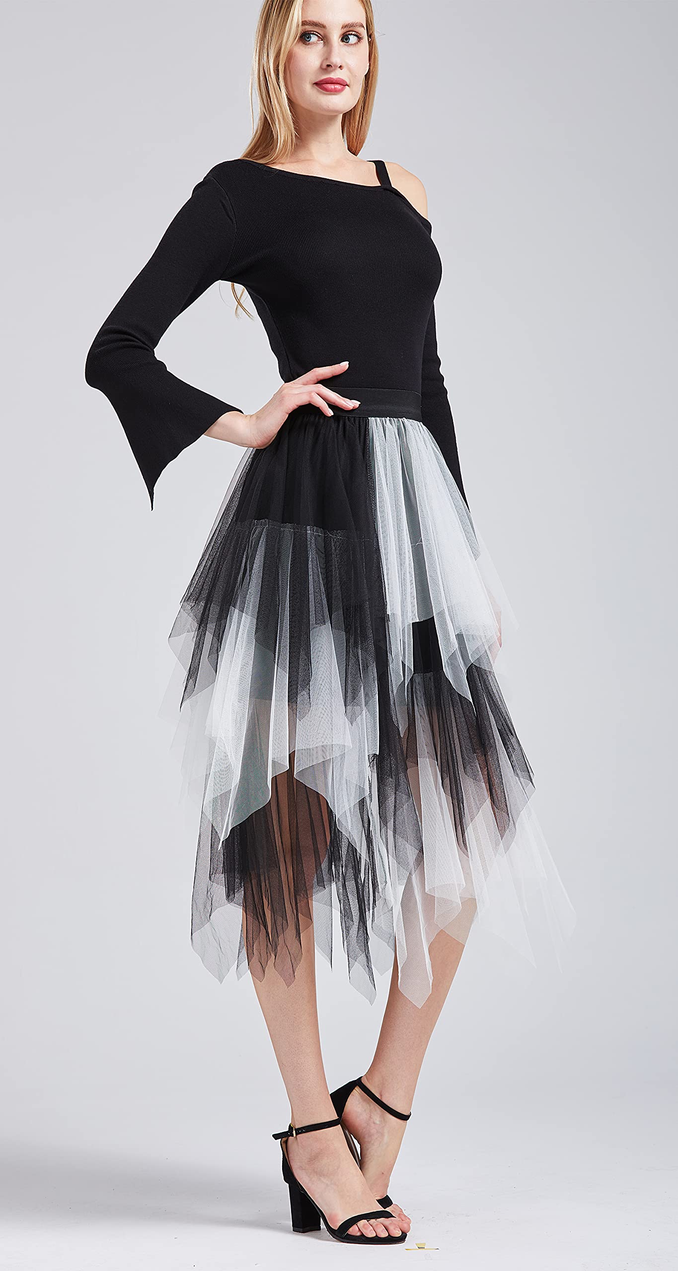 LBKKC Tulle Skirts for Women, White and Black Halloween Puffy Skirt Asymmetrical Midi Length Ruffled Tutu Layered Mesh Fairy Skirt