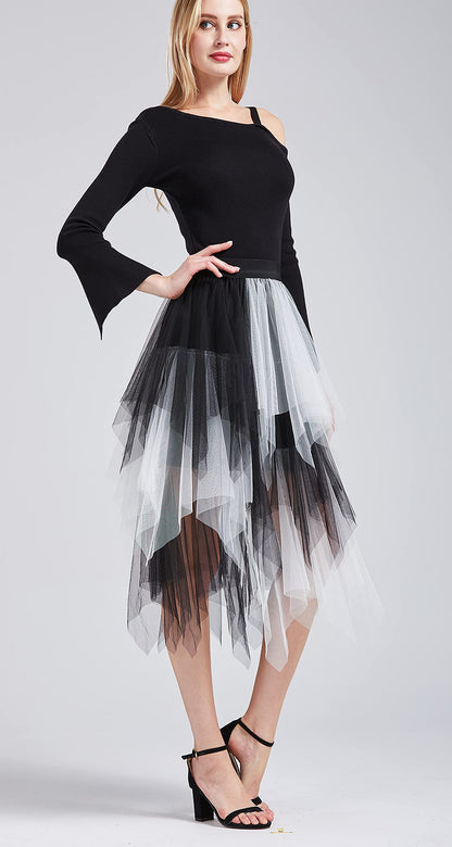 LBKKC Tulle Skirts for Women, White and Black Halloween Puffy Skirt Asymmetrical Midi Length Ruffled Tutu Layered Mesh Fairy Skirt