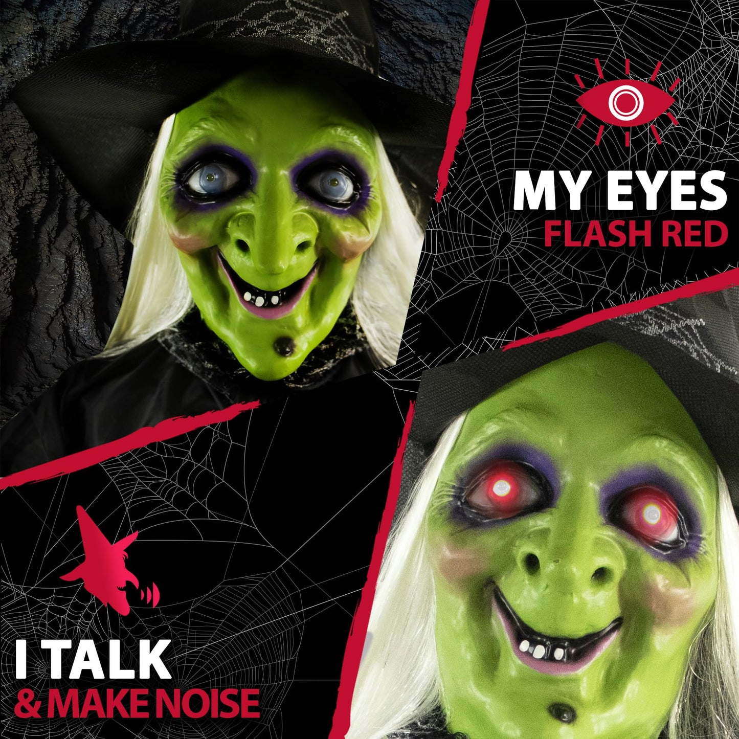 Haunted Hill Farm 71-in. Witch with Broomstick Animatronic, Indoor/Outdoor Halloween Decor, Poseable & Talking Animated Halloween Prop, Battery Operated