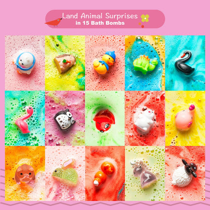 Jungle Adventure Bath Bombs for Kids – 15 Scented Fizzy Bath Bombs with Surprise Land Animal Toys Inside, Colorful Bath Time Fun Gift Set, Gentle & Child-Safe, Perfect for Summer Fun & Birthday Gifts