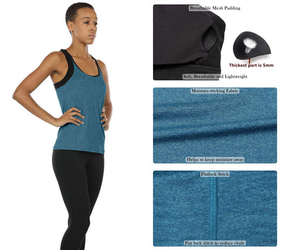 icyzone Women Workout Yoga Spaghetti Strap Racerback Tank Top with Built in Bra (S, Baltic)