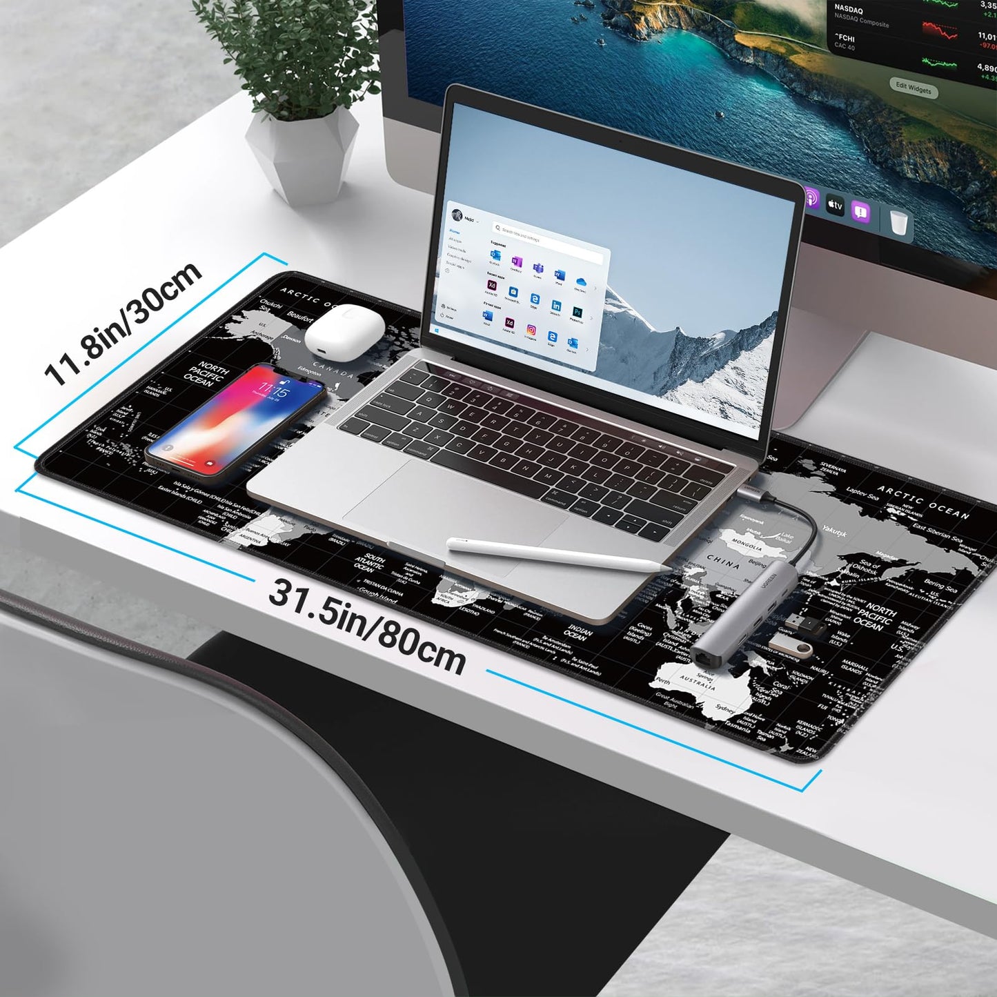 KMLVILE World Map Gaming Mouse Pad Large,XL Desk Pad Computer Game Desk Mat for Keyboard and Mouse with Non-Slip Base,Stitched Edges,Waterproof Mousepad for Gamer,Office &Home(Black,31.5" x 11.8")