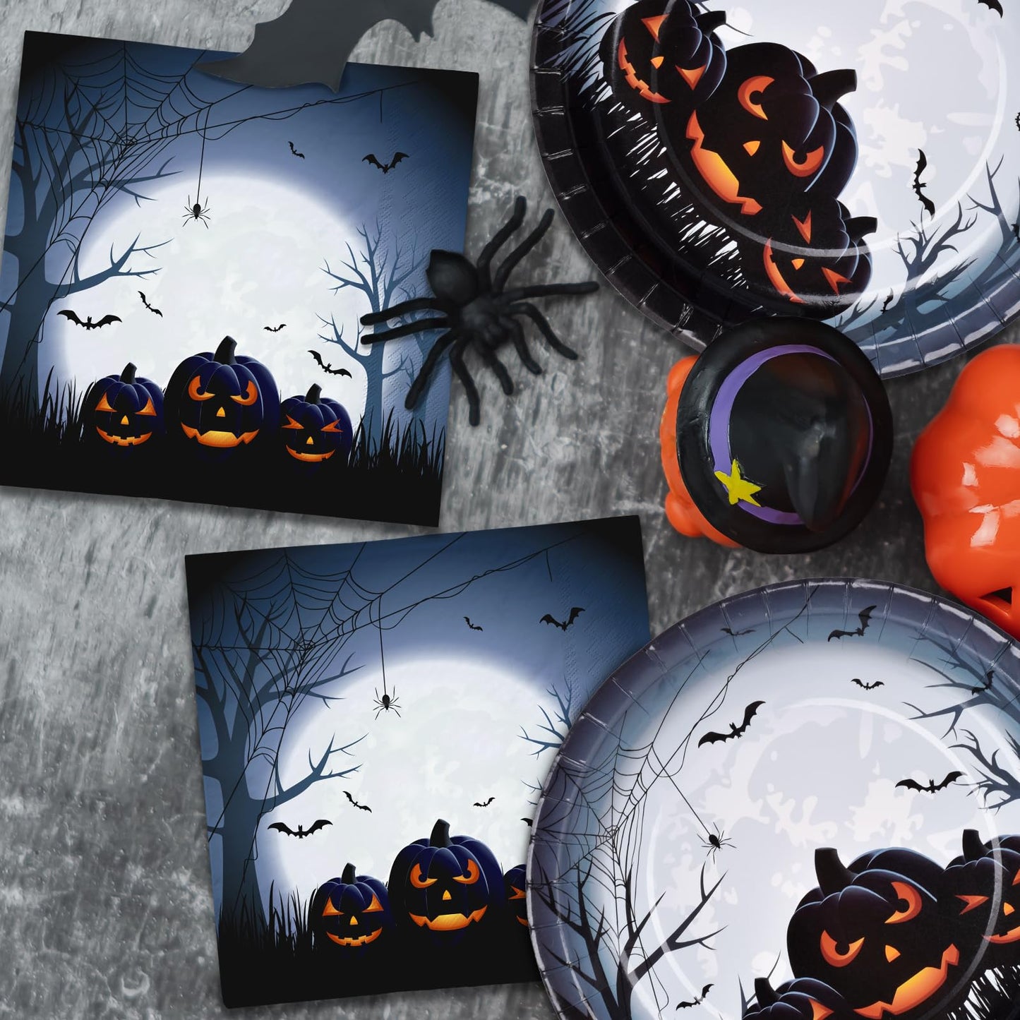 Gatherfun Halloween Party Supplies Anger Black Pumpkin Disposable 10 inch Big Paper Plates and Paper Napkins for Spooky Halloween Party Decorations Serve 50
