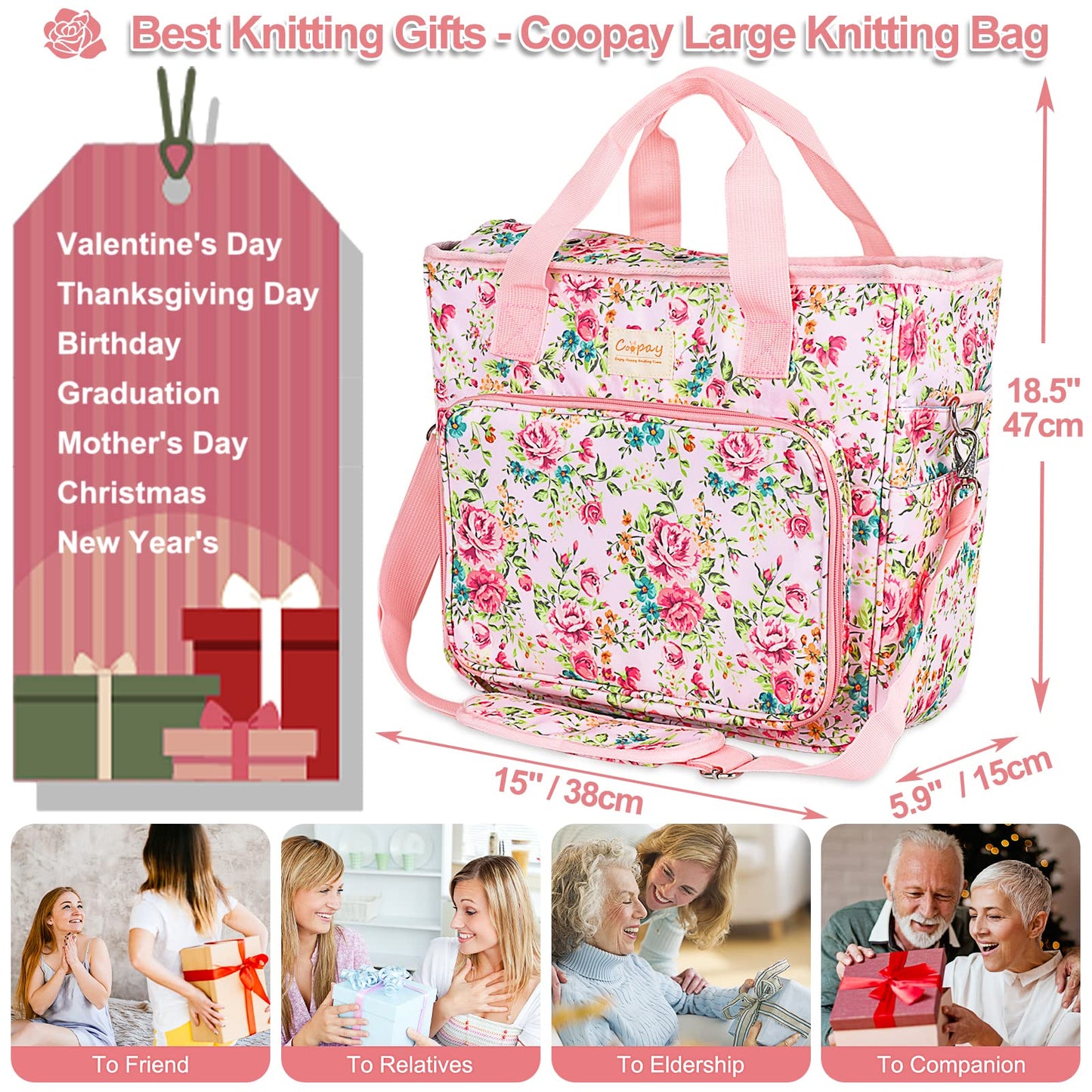Coopay Large Crochet Bag Knitting Bags and Totes Organizer, Traveling Crochet Bags Yarn Bag for Carrying Crochet Hooks, Knitting Kit, Skein Yarn Wool, Project, Knitting & Crochet Supplies, Pink Flower