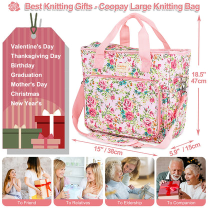 Coopay Large Crochet Bag Knitting Bags and Totes Organizer, Traveling Crochet Bags Yarn Bag for Carrying Crochet Hooks, Knitting Kit, Skein Yarn Wool, Project, Knitting & Crochet Supplies, Pink Flower