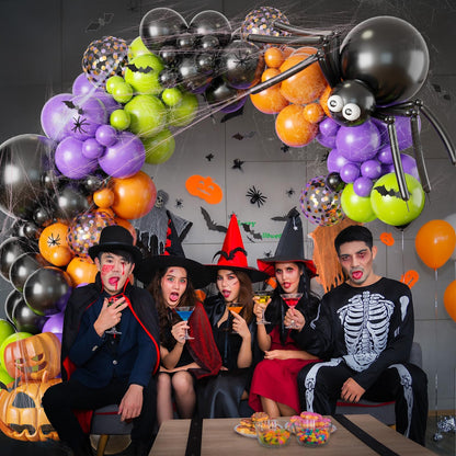 Halloween Balloon Garland Arch Kit with Big Spider DIY Balloons, 131 Pcs Black Orange Lime Green Purple Confetti Latex Balloons Arch with 3D Bats & Spider Web for Halloween Party Decorations Supplies