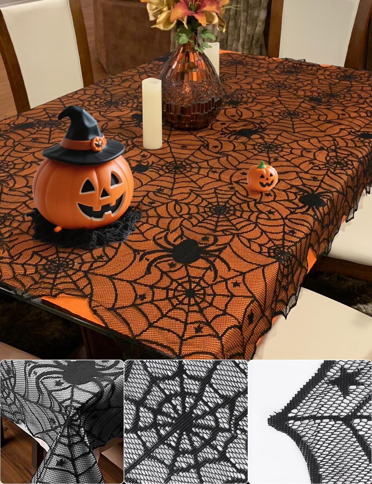 Halloween Table Cloth, Black Spider Web Lace Tablecloth for Rectangle Tables, Gothic Halloween Decor for Masquerade, Scary Movie Nights, Dinner Party Table Decorations 60 x 71 inch