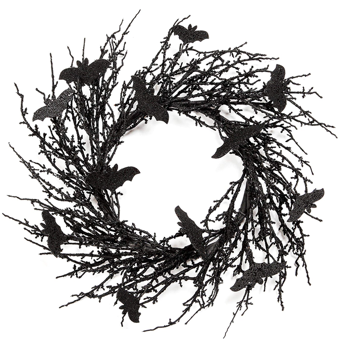 18 Inch Black Bat Wreath with Glitter Bats - Halloween Decorations