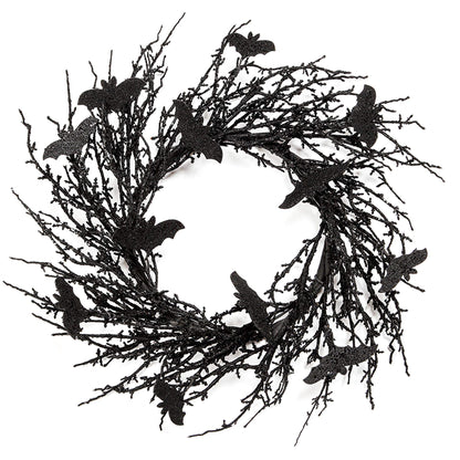 18 Inch Black Bat Wreath with Glitter Bats - Halloween Decorations