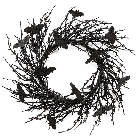 18 Inch Black Bat Wreath with Glitter Bats - Halloween Decorations