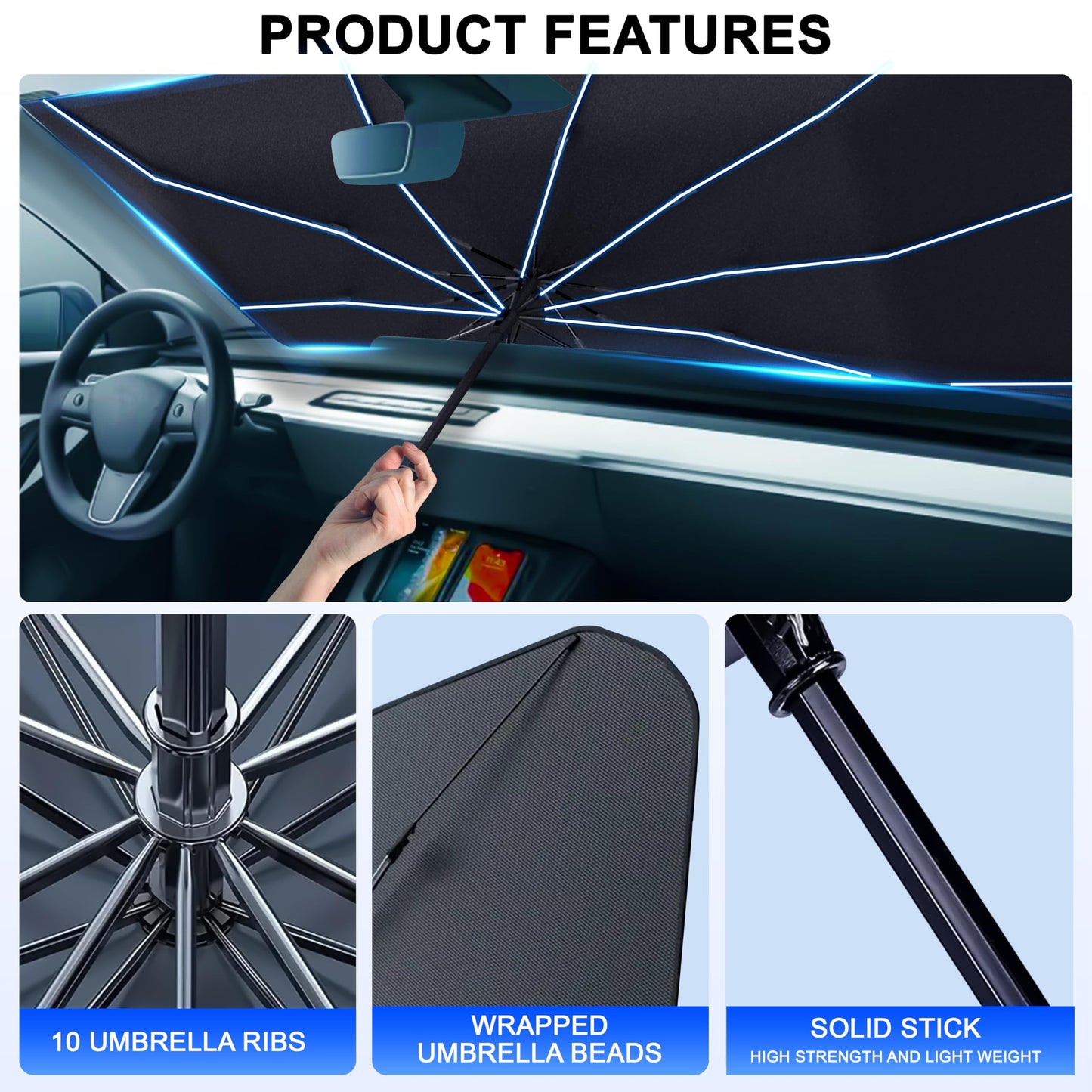 EcoNour Car Umbrella Windshield Sun Shade | Universal Fit Foldable Car & Truck Sun Shade | Double Layer Windshield Cover for SUV, Sedan & Truck | Sun Shade Cover for Front Baby Window Shades - 57"x30"