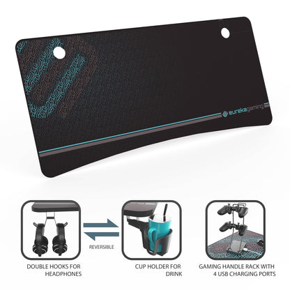 EUREKA ERGONOMIC 60 Inch Gaming Desk with Full Mouse Pad, Large Home Office Curved Computer Desk for 3 Monitors with Cup Holder, Headphone Hook and Handle Rack with USB Charging Ports for Gamer, Black