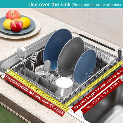 iPEGTOP Expandable Deep & Large Dish Drying Rack, Over The Sink, in Sink Or On Counter Dish Drainer Basket Shelf with Removable Grey Utensil Silverware Holder, Rustproof Stainless Steel