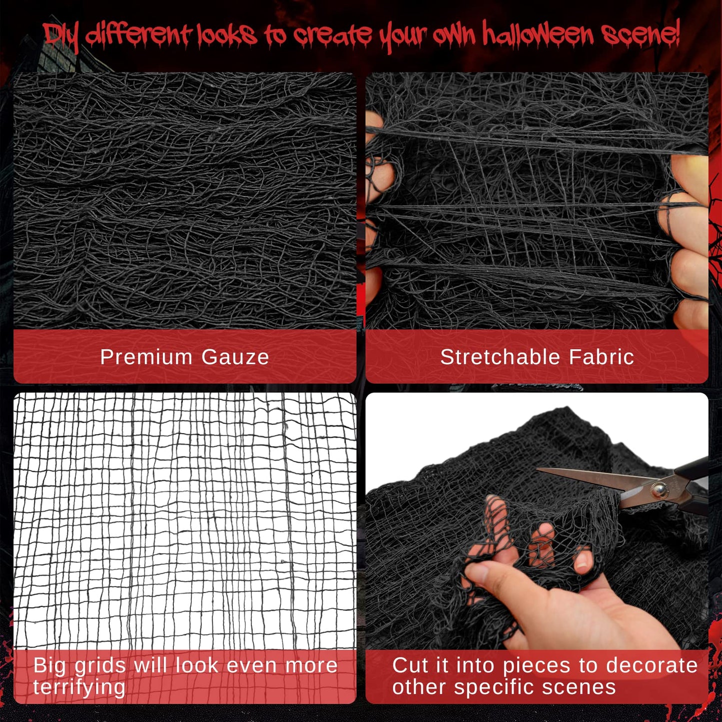 Legigo 6 Pack Balck Halloween Creepy Cloths Cheesecloths, Spooky Black Mesh Fabric Cheese Cloths for Crafts, Scary Gauze Fabric for Party Supplies Home Wall Doorway Outdoor Yard Decor